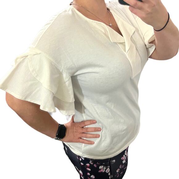 Worthington (M) Ruffle Short Bell Sleeve Split V Neck Blouse Tee Top Placket - Picture 4 of 12